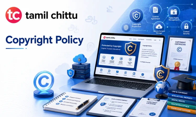 Copyright Policy page of Tamil Chittu explaining ownership of website content, copyright protection, permitted use, and procedures for reporting copyright infringement.