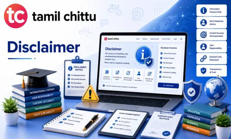 Disclaimer Disclaimer page of Tamil Chittu explaining the accuracy of information, educational purpose of content, external links, and limitation of liability.