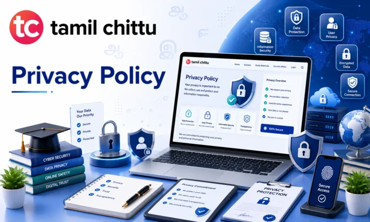 Privacy Policy Privacy Policy page of Tamil Chittu explaining how user data is collected, used, stored, protected, and managed while using the educational website.